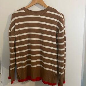 Well made sweater! Brown and white stripes with orange/red trim!